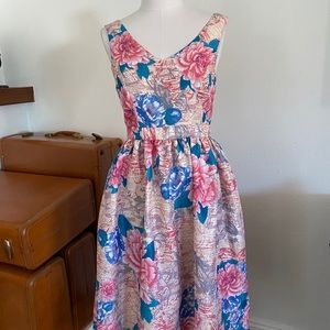 Champagne & Strawberry Pink Pastel Floral Midi Dress Kawaii